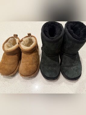 UGG Kids Twin Suede Shearling Boots in Chestnut and Black